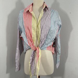 Iky and Me Top Womens‎ L Stripe Tie Front Blouse Y2K